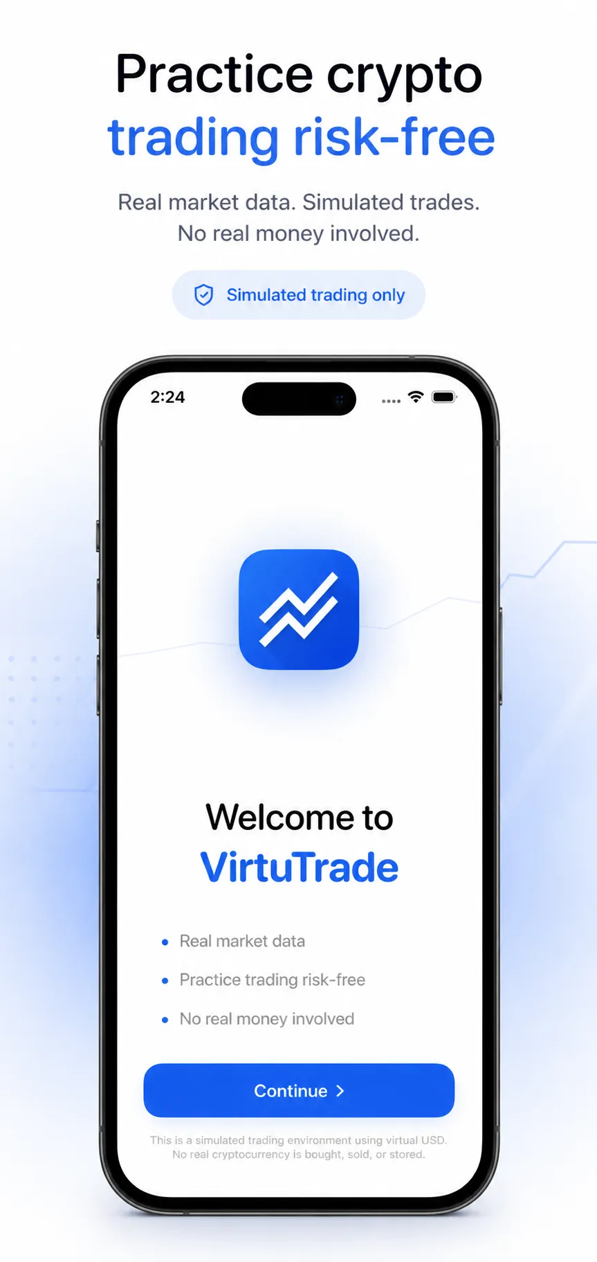 Practice crypto trading with real market data and simulated trades. VirtuTrade welcome screen; no real money is involved.