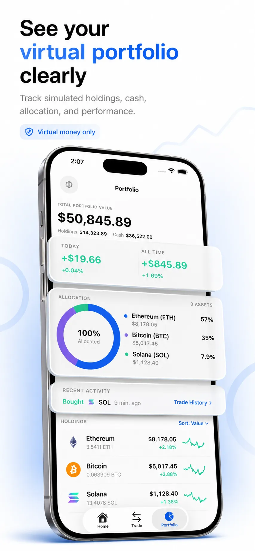 Virtual portfolio showing simulated holdings, cash, asset allocation, performance, and recent activity.