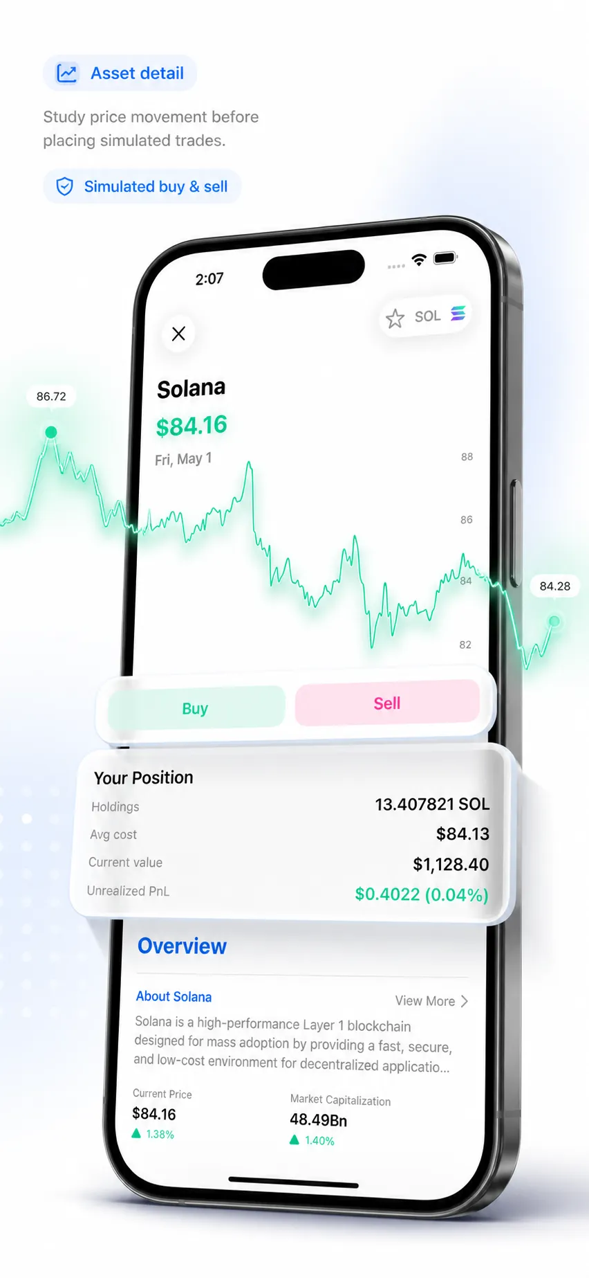 Asset detail showing a Solana price chart, simulated buy and sell actions, and a virtual position.