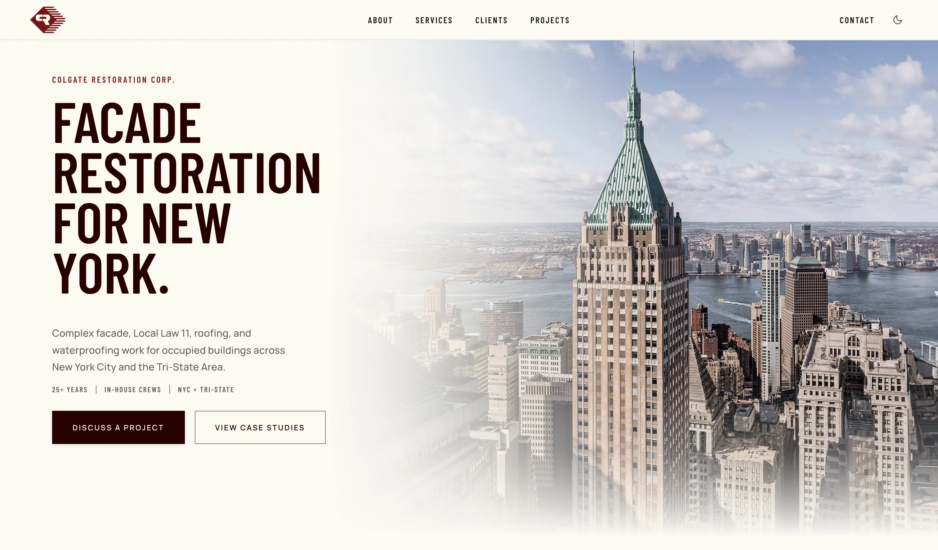 Colgate Restoration website with the headline Facade Restoration for New York beside a photograph of the Manhattan skyline.